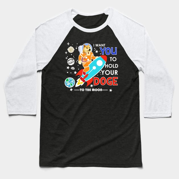 DogeCoin to The Moon Funny Mining Shiba Coin Mars Astronaut Baseball T-Shirt by Bezra